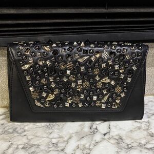 DIANE VON FURSTENBERG‎ Black Leather Crazy Metallic Studded Clutch Purse
